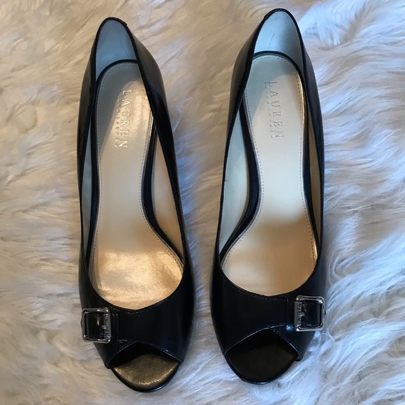 Lauren Ralph Lauren black open toe leather heels 9 - Picture 2 of 16